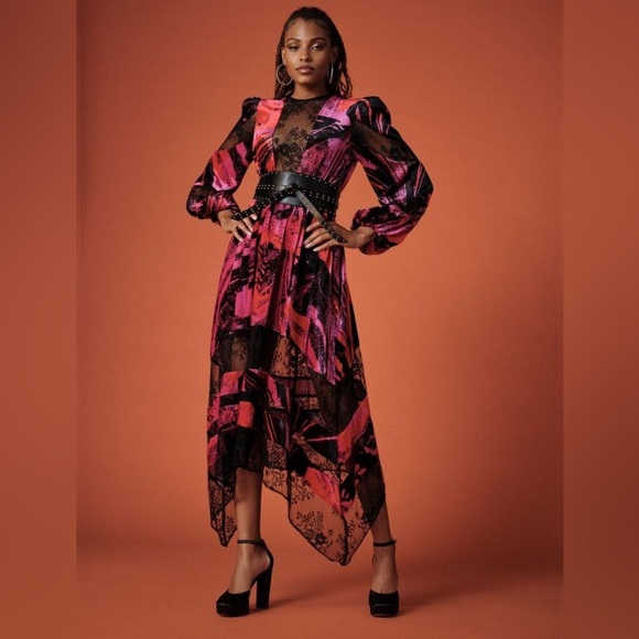 NWT BCBGMaxazria Cecilia Velvet Lace Dress Marble Magenta - Picture 2 of 12